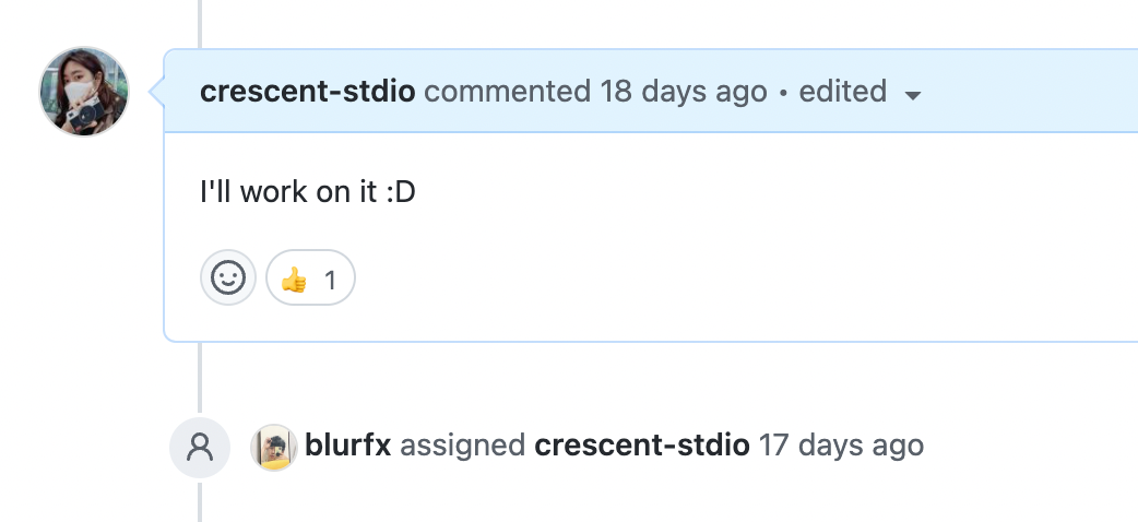 "I'll work on it :D"이 써진 이슈 커맨트