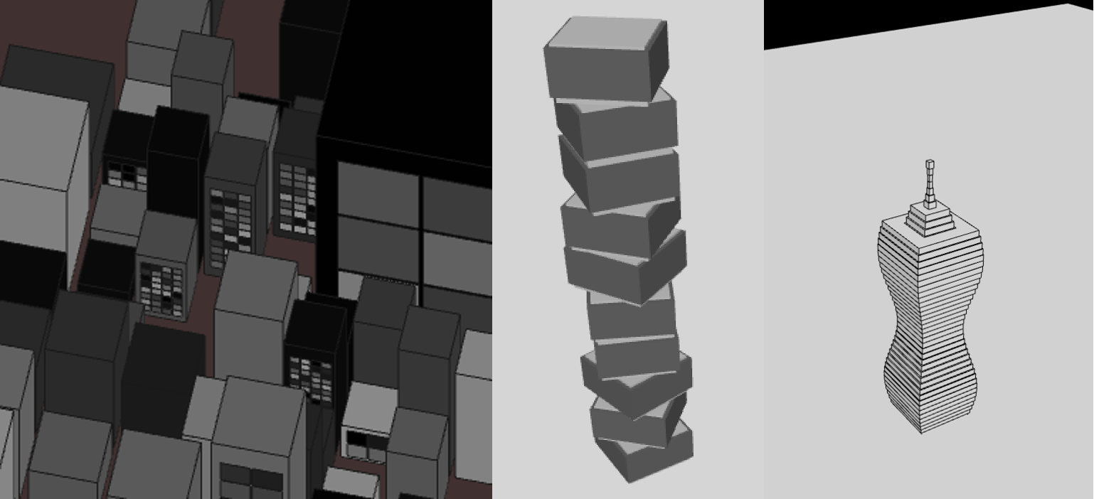 각자 만든 빌딩들의 모습. 왼쪽은 네모난 빌딩에 창문이 있고, 가운데는 회전하는 층간, 오른쪽은 굴곡이 지고 첨탑이 있는 빌딩