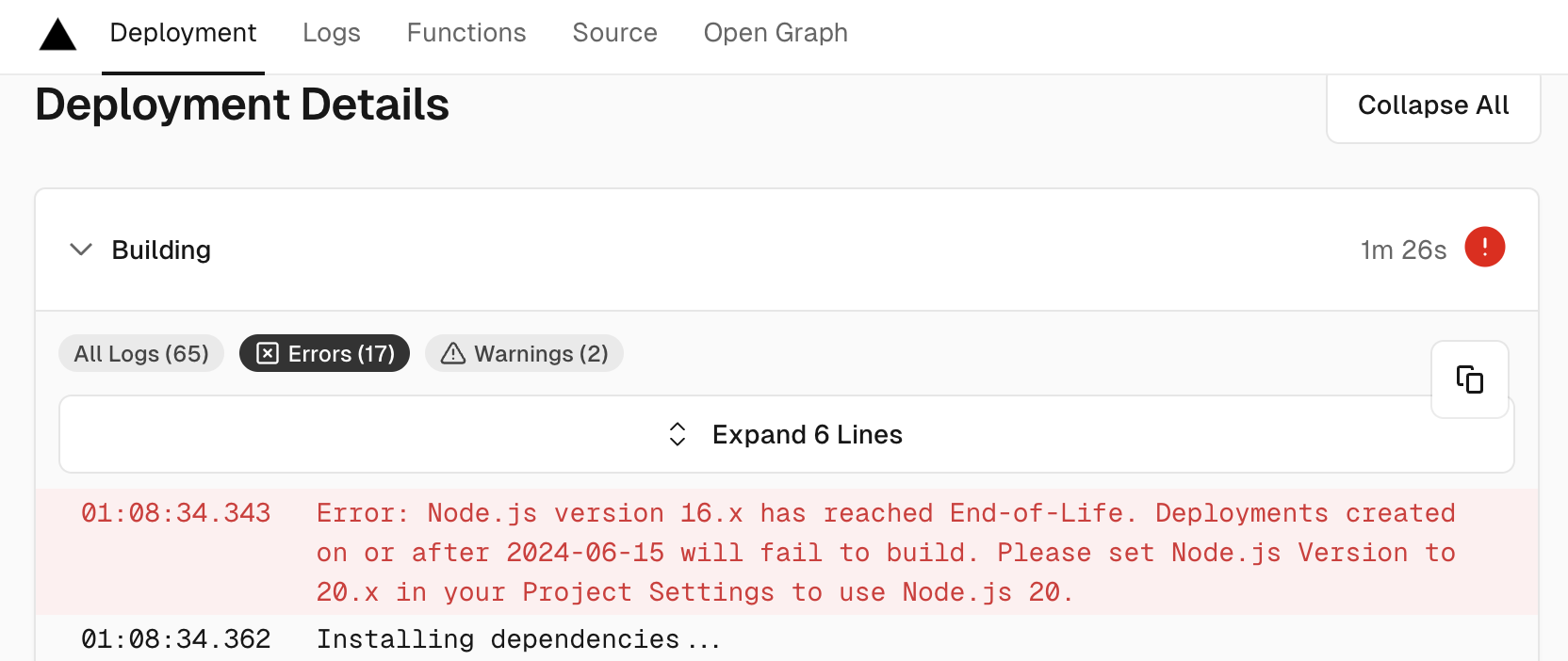 Error: Node.js version 16.x has reached End-of-Life. Deployments created on or after 2024-06-15 will fail to build. Please set Node.js Version to 20.x in your Project Settings to use Node.js 20.